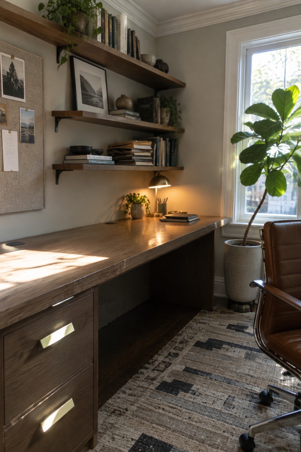 Modern wooden desk with leather chair, floating shelves of books, and sunlit plant