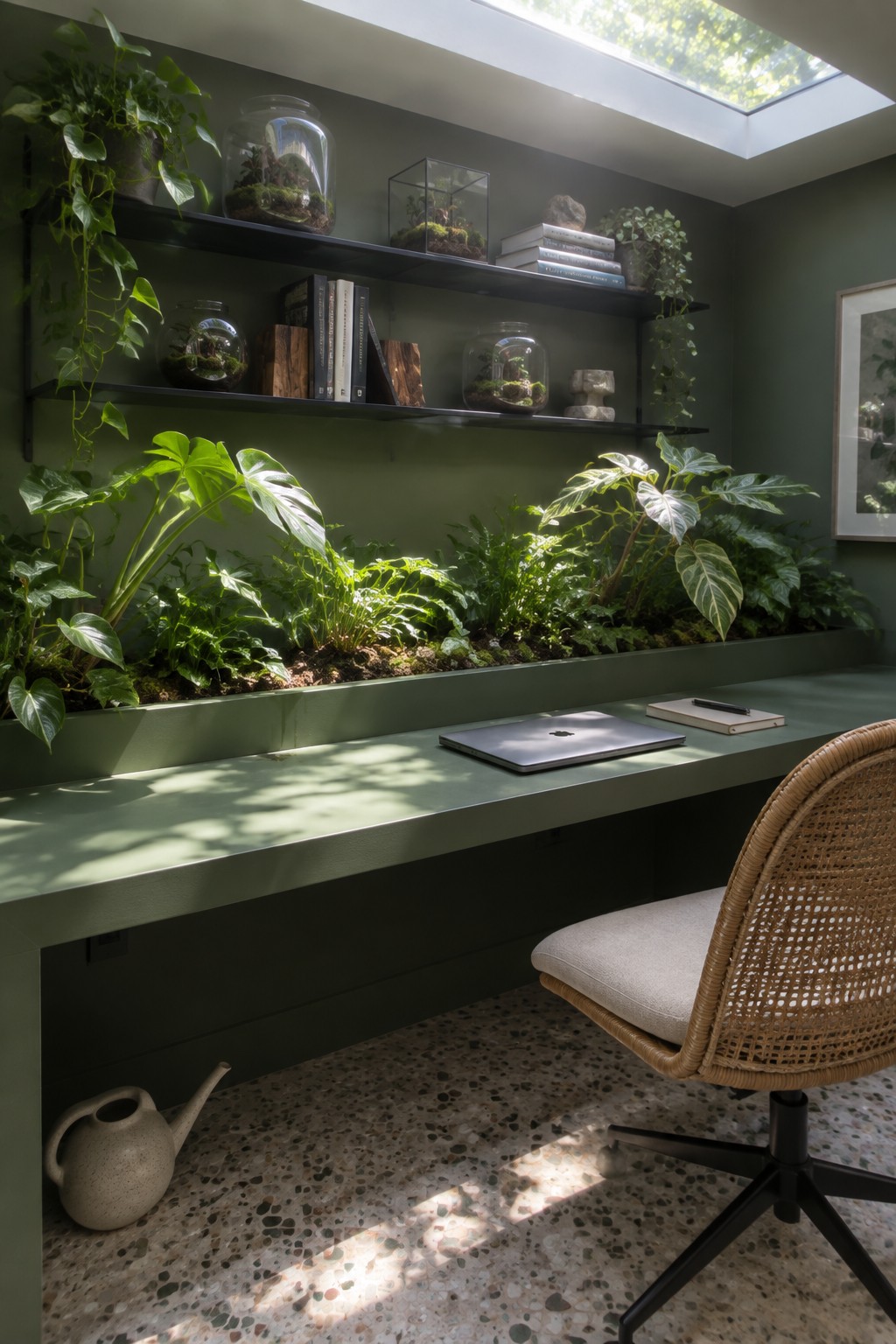 A sage green built-in desk runs beneath floating black shelves and a long planter filled with houseplants, with a woven office chair on terrazzo flooring under a skylight.