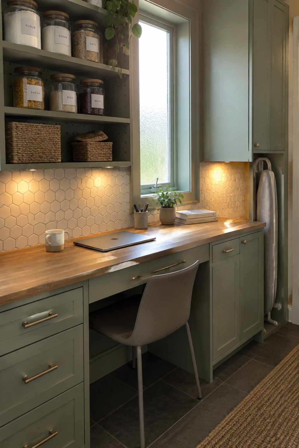 Sage green desk with laptop under open shelves of labeled pantry jars by window.