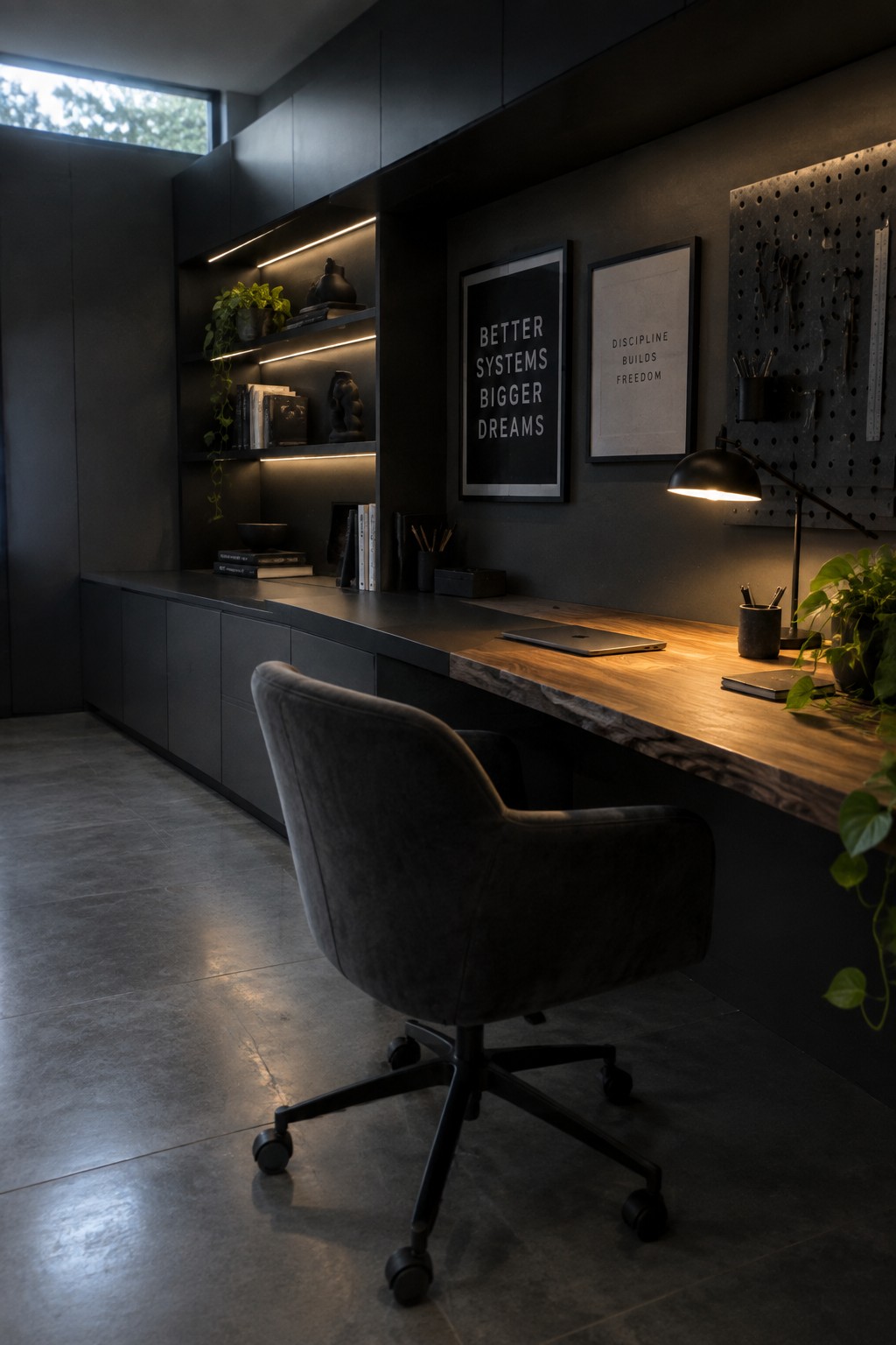 A modern home office with a long wooden desk, dark built-in cabinets and shelves along the wall, a black office chair, and a pegboard on the right.