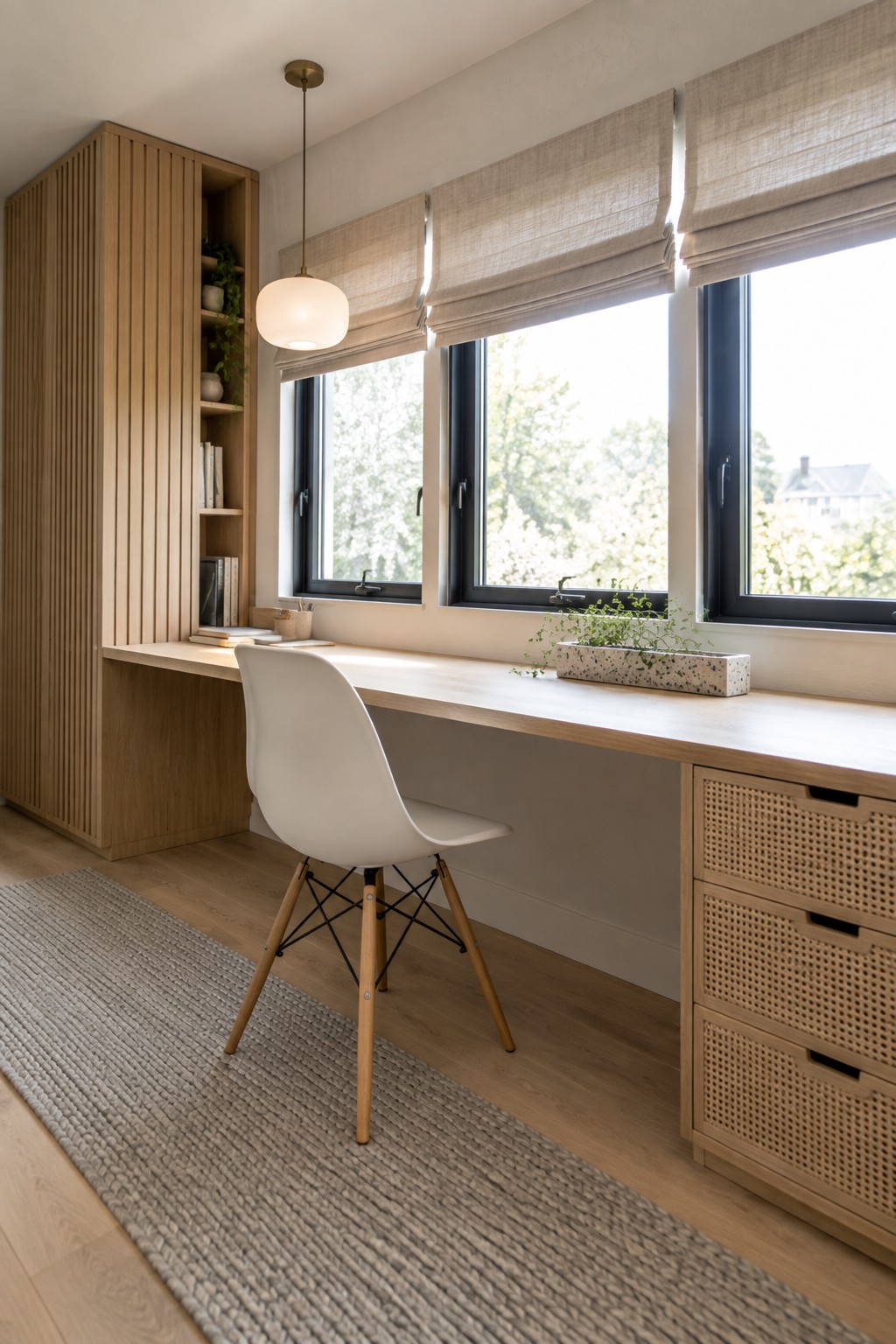 A light wood built-in desk under three windows with a tall fluted cabinet and open shelves on the left side.
