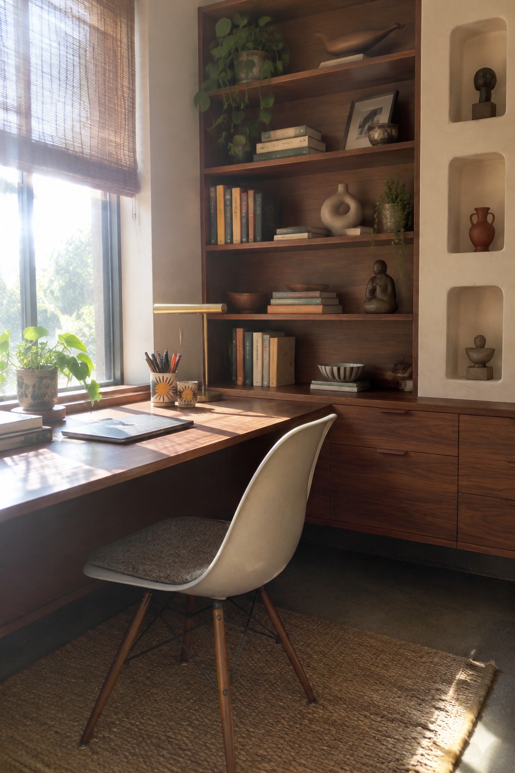 A wooden built-in desk with open shelves above and closed storage below sits beneath a window in a home office.