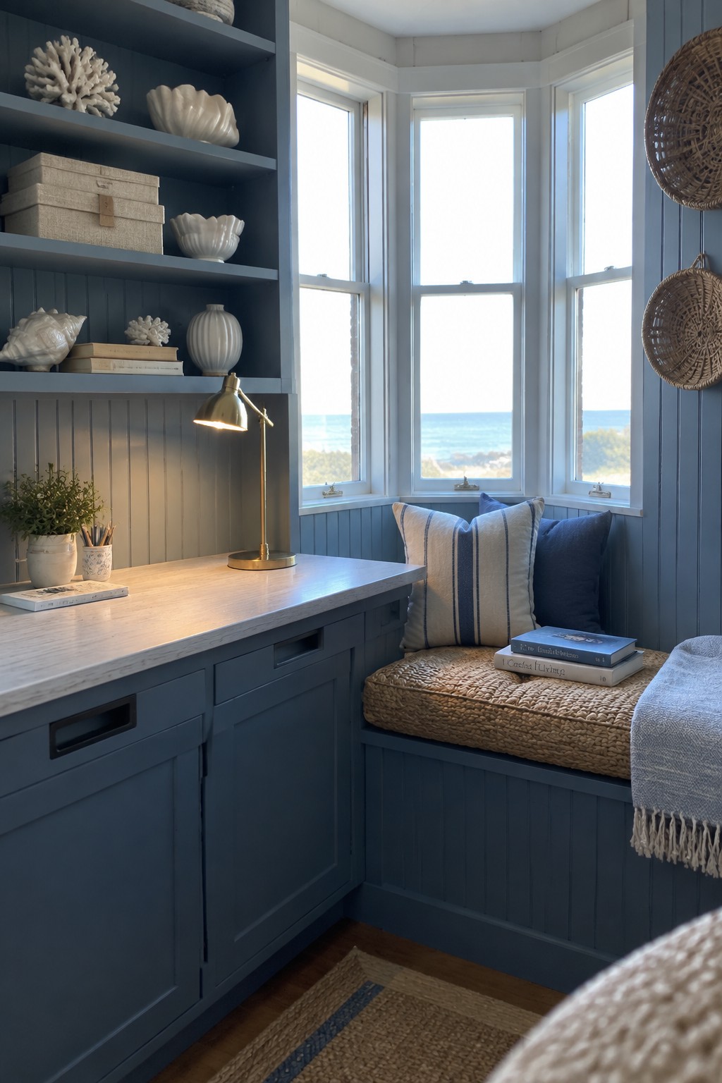A blue built-in desk and cabinetry beneath a bay window, with a woven cushion on the bench seat and open shelves holding books and decorative objects.