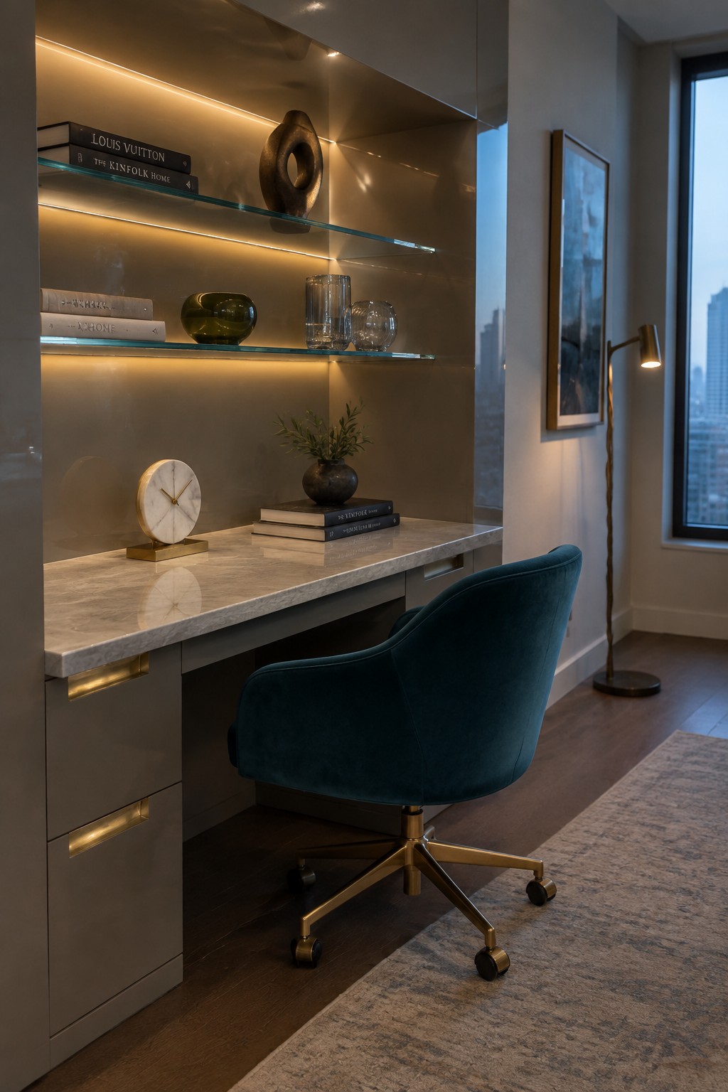 Modern office with teal velvet chair at marble desk under lit glass shelves