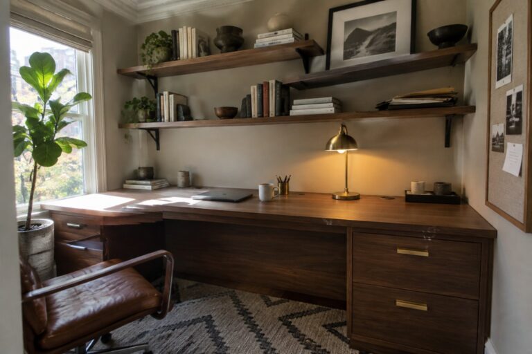 Modern wooden desk with leather chair, floating shelves of books, and sunlit plant