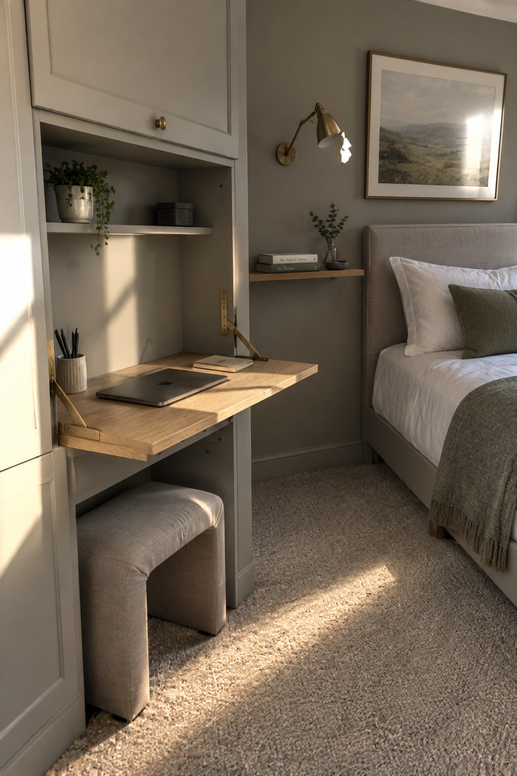 Sunlit bedroom with built-in fold-down desk, laptop, stool, and upholstered bed.