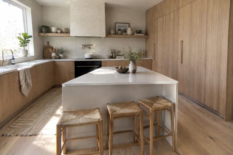 19 Modern Kitchen Interiors Centered on Full-Height Cabinetry Light wood kitchen with marble island, woven bar stools, and floating shelves.