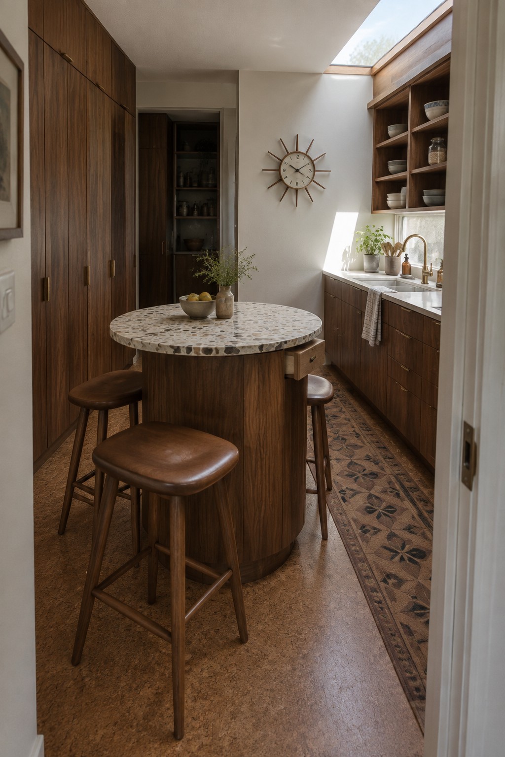 Round terrazzo island with wooden stools in sunlit midcentury kitchen with sunburst clock.