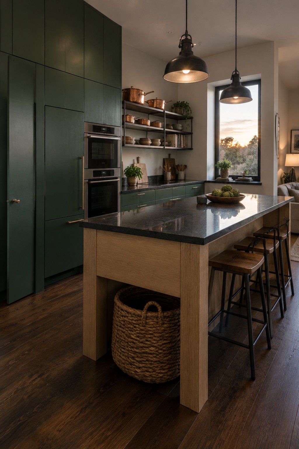 A kitchen interior featuring tall dark green full-height cabinets, double ovens, open black shelving with copper cookware, a light wood island with dark stone top, and four wooden bar stools.