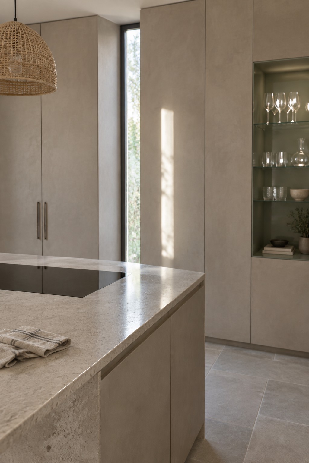 Modern beige kitchen with stone island, woven pendant light, and glass display cabinet.