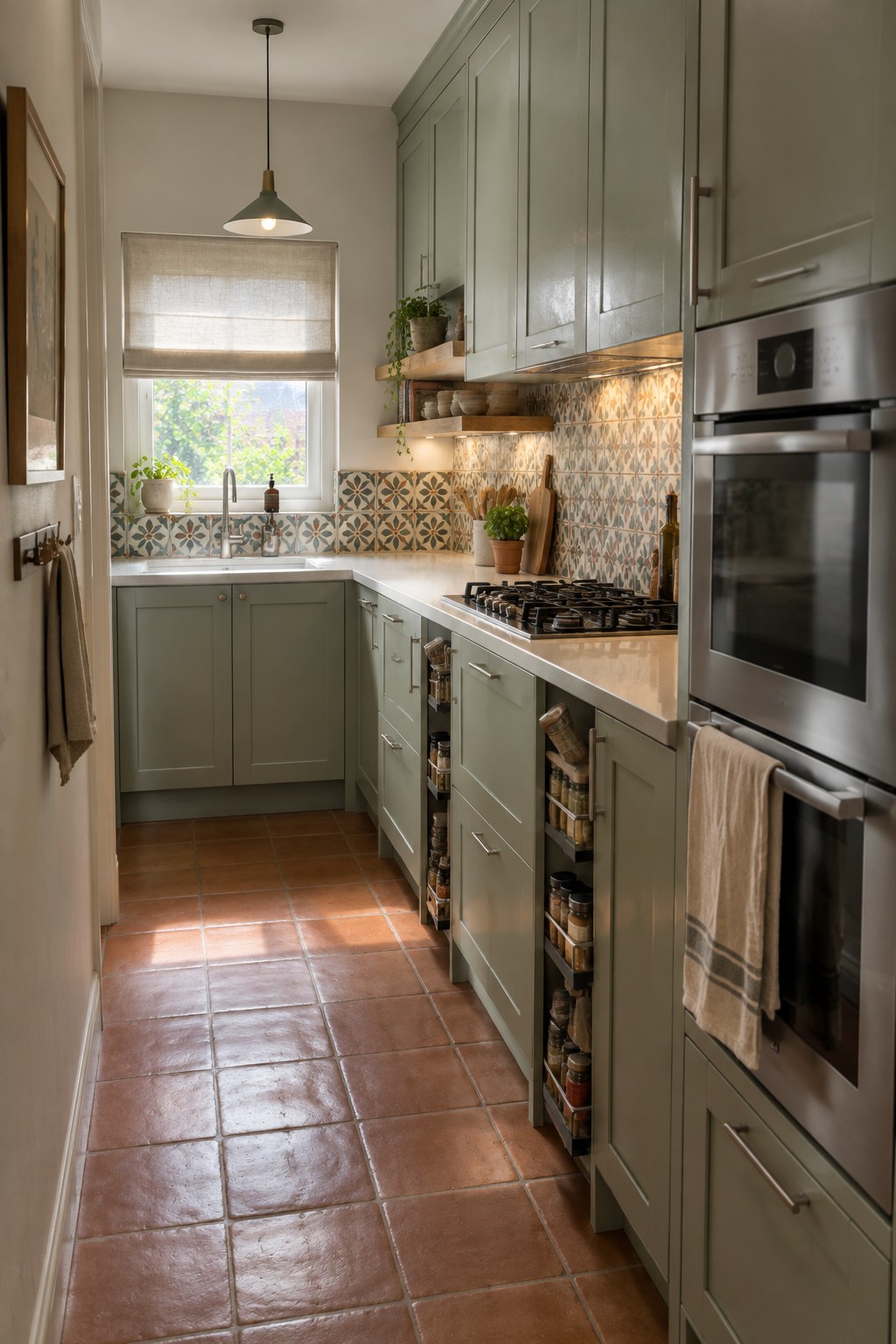 A narrow kitchen with sage green full-height cabinets, terracotta floor tiles, stainless steel double ovens, a gas cooktop, and a sink under a window with a Roman shade.