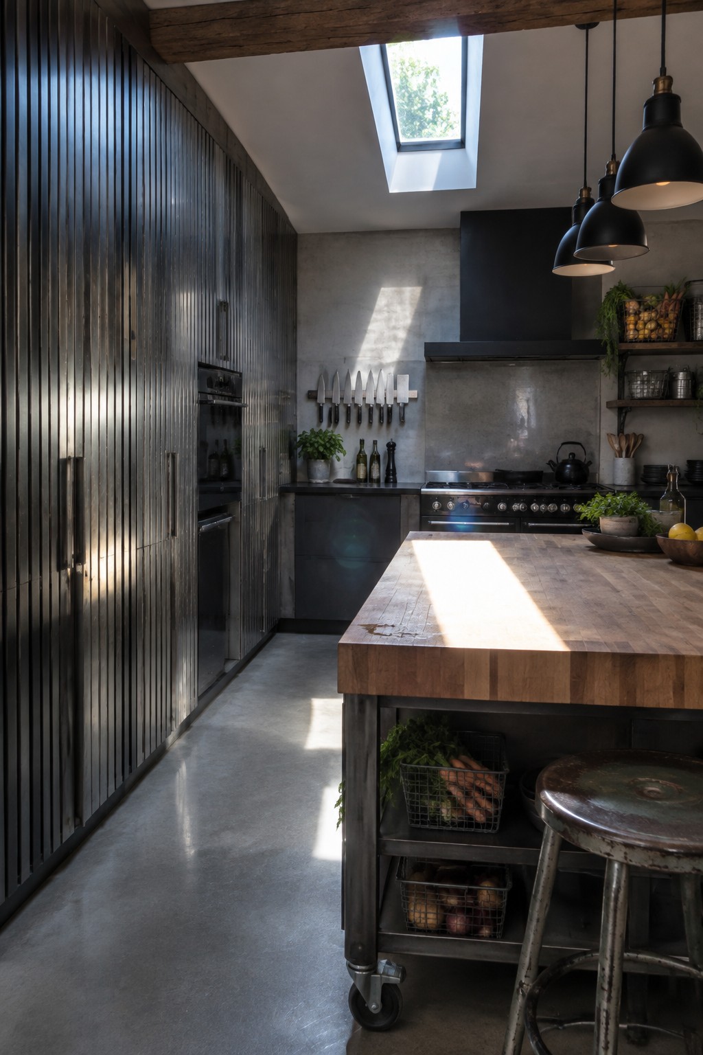 A modern kitchen interior with tall dark full-height ribbed cabinets along the left wall, a large wooden island, concrete walls and floor, and a skylight above the range.