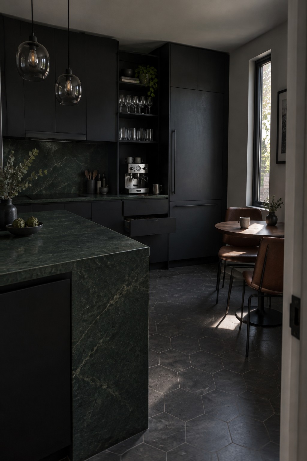 A modern kitchen with full-height dark cabinetry, open shelving, a green marble island, and a dining area with leather chairs.