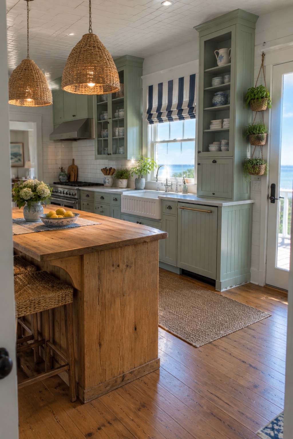 A kitchen with sage green full-height cabinetry, a white farmhouse sink under a window, and a wooden island with woven stools.