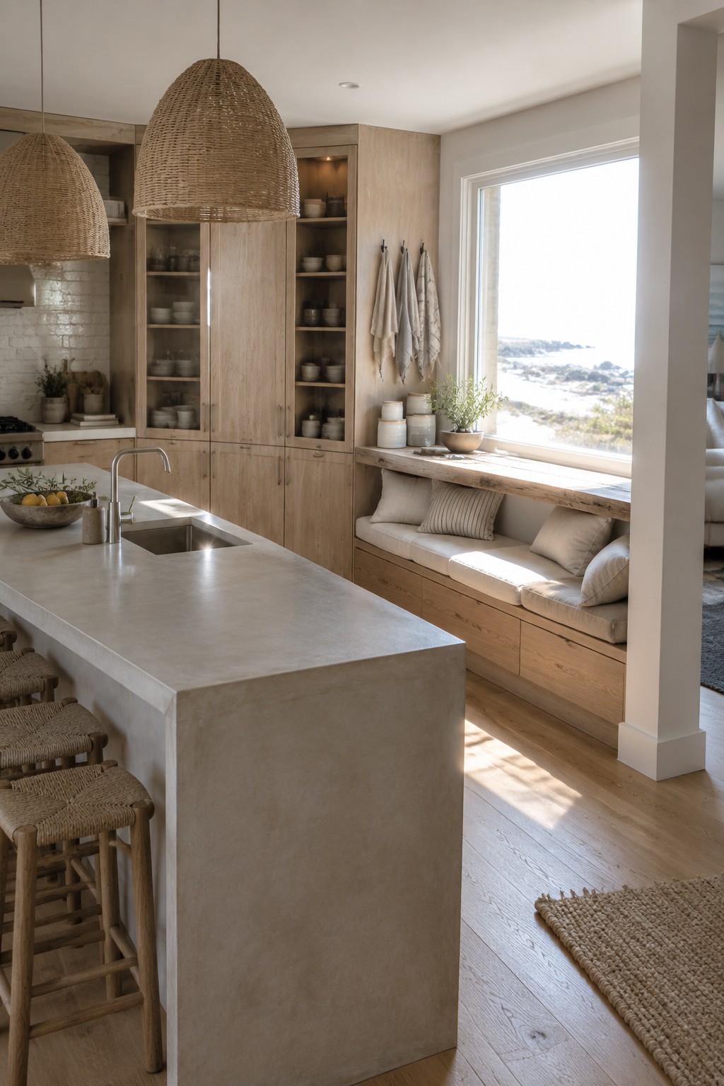 A modern kitchen interior with full-height light wood cabinetry along one wall, a concrete island with woven stools, and a built-in bench beneath a large window.