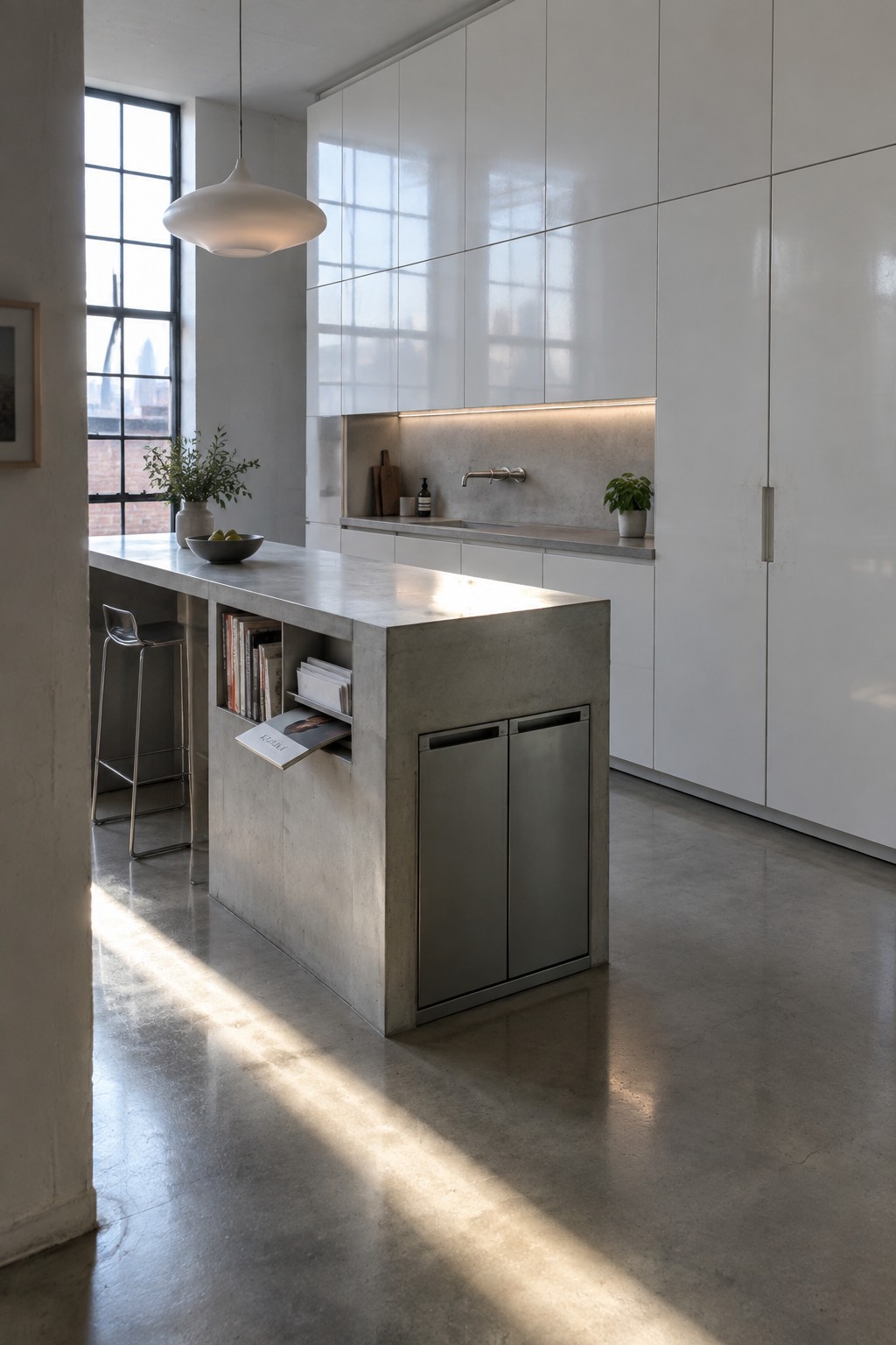 A modern kitchen with a concrete island, tall white full-height cabinets along the back wall, and a large window on the left side.
