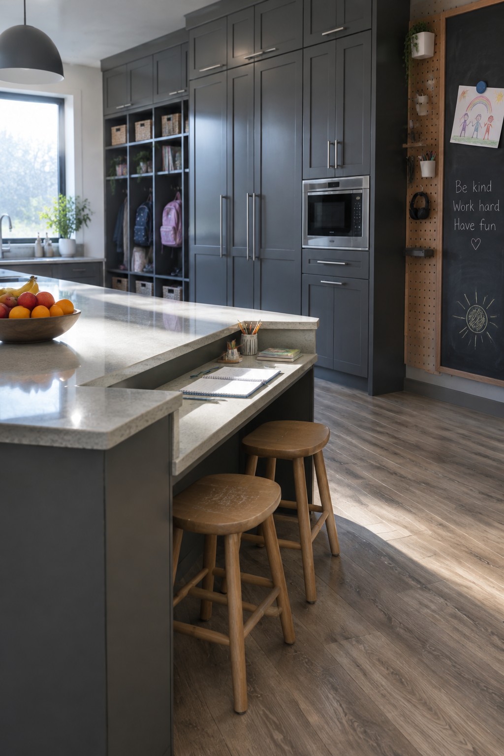 Modern kitchen island with wooden stools, dark cabinets, fruit bowl, and chalkboard