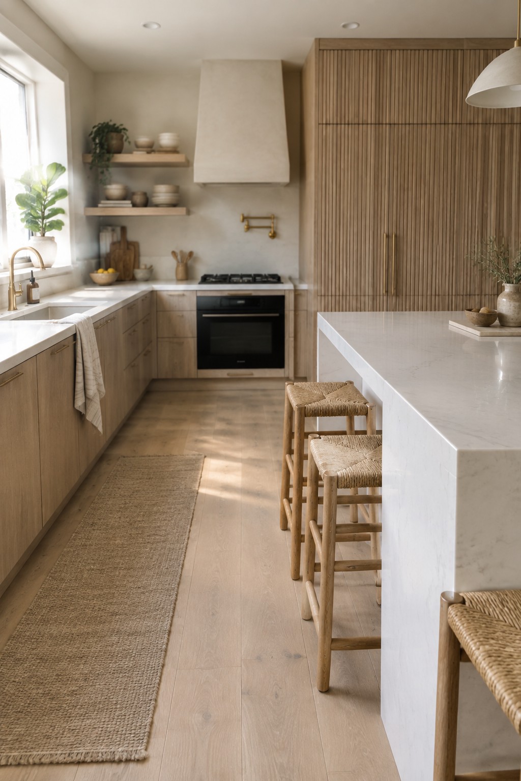 Light wood kitchen with marble island, woven bar stools, and floating shelves.