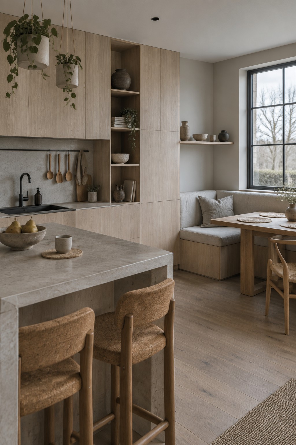 A modern kitchen interior with full-height light wood cabinetry along one wall, a stone island with two bar stools, and a built-in bench seating area beside a large window.