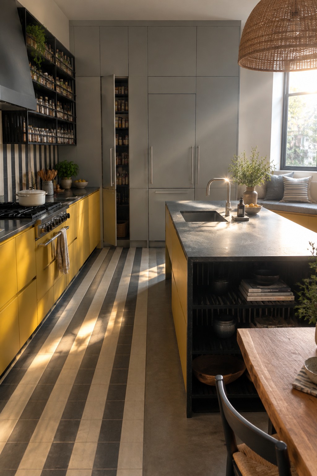 A modern kitchen featuring tall gray full-height cabinets beside yellow lower cabinets, a dark stone island, and striped tile flooring.