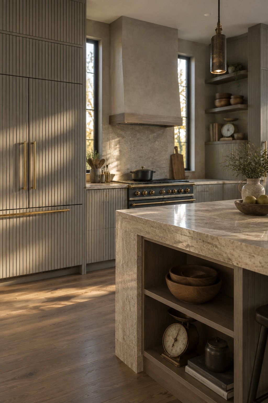 A modern kitchen with tall fluted cabinets in a muted tone, brass handles, a stone island with open lower shelves, and a dark range beneath a plaster hood.