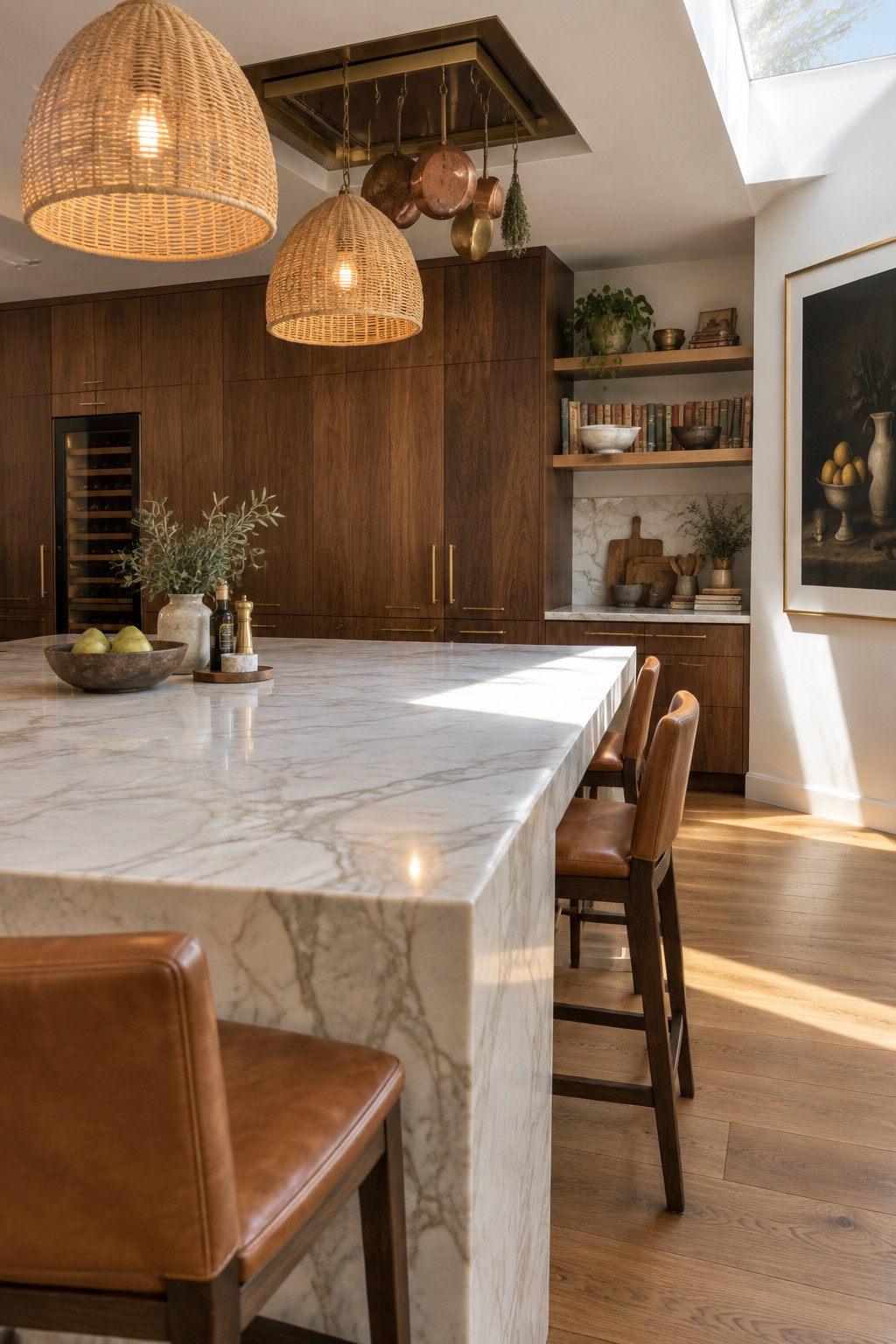 A modern kitchen with full-height dark wood cabinetry, a white marble island, brown leather bar stools, woven pendant lights, and open wooden shelves on the right wall.