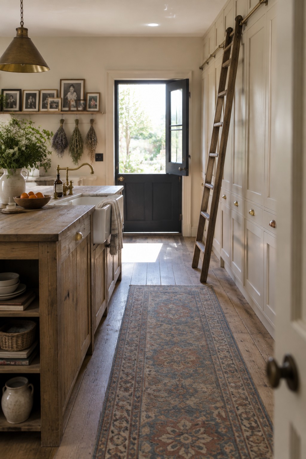 A kitchen with tall off-white full-height cabinets along the right wall, a wooden rolling ladder leaning against them, a rustic wood island with a white sink, and an open door at the far end.