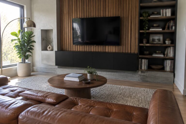 19 Modern TV Unit Design Ideas With Closed Storage and Wood Slats Modern living room with brown leather sofa, round wooden coffee table, and TV on slatted wall.