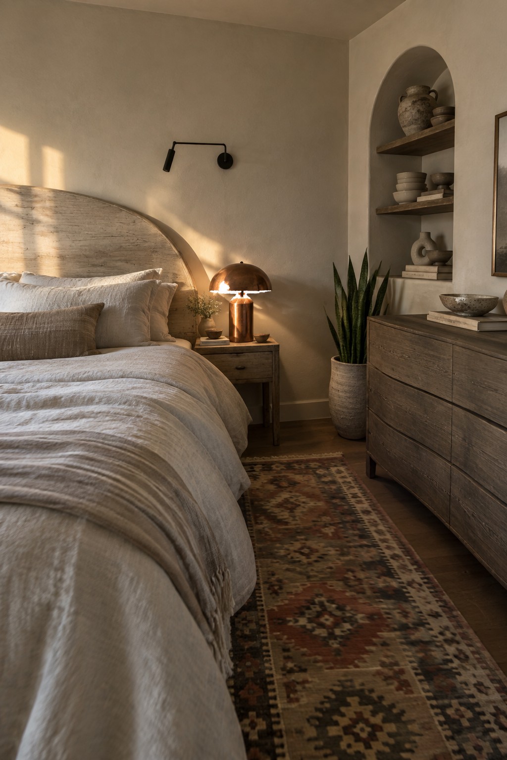 A bedroom featuring a large curved light wood headboard on a bed dressed in white and beige linens, with a small wooden nightstand holding a copper dome lamp and a tall wooden dresser against the right wall.
