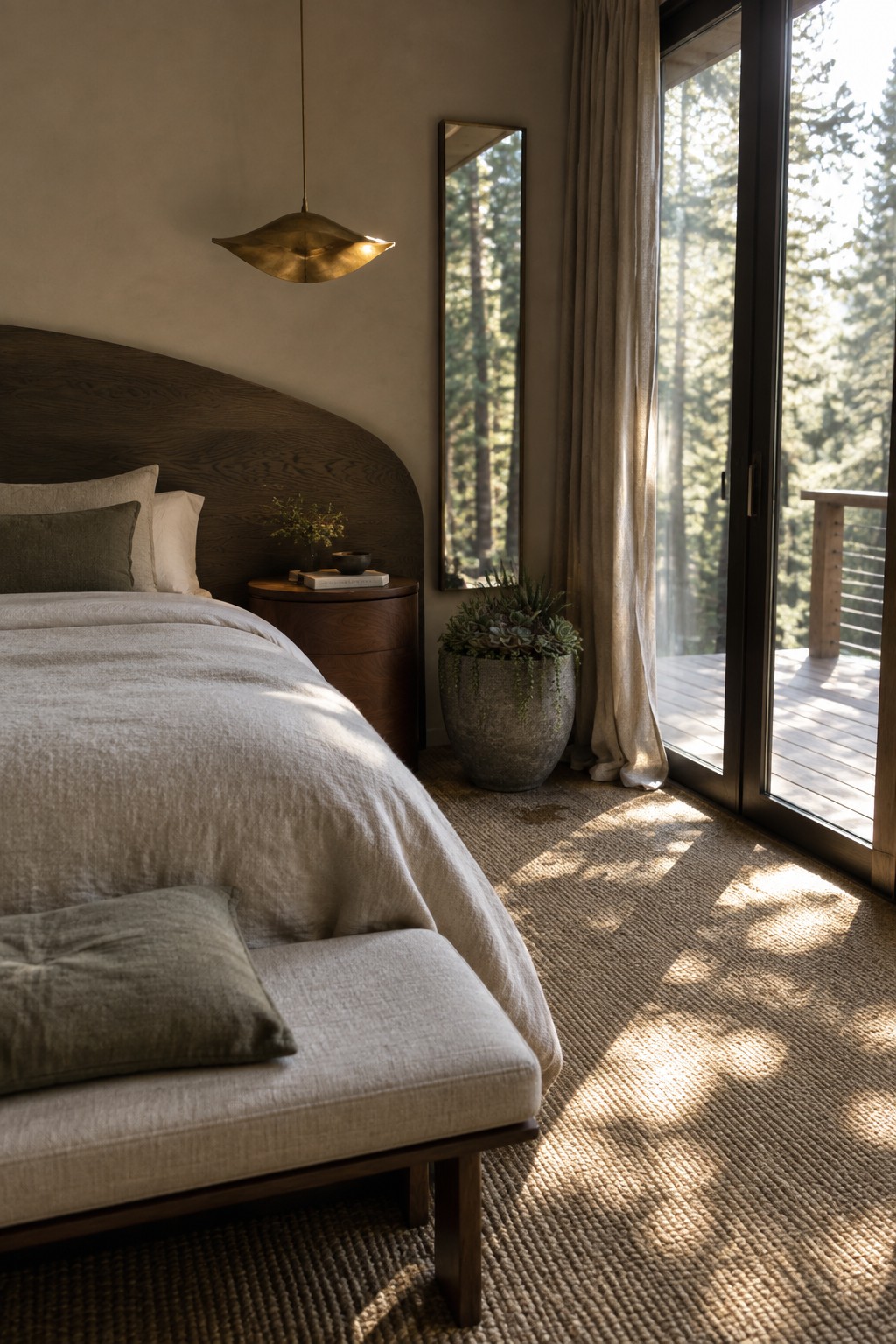 Modern bedroom with curved dark wood bed, beige linens, pendant light, mirror, and forest-view doors.