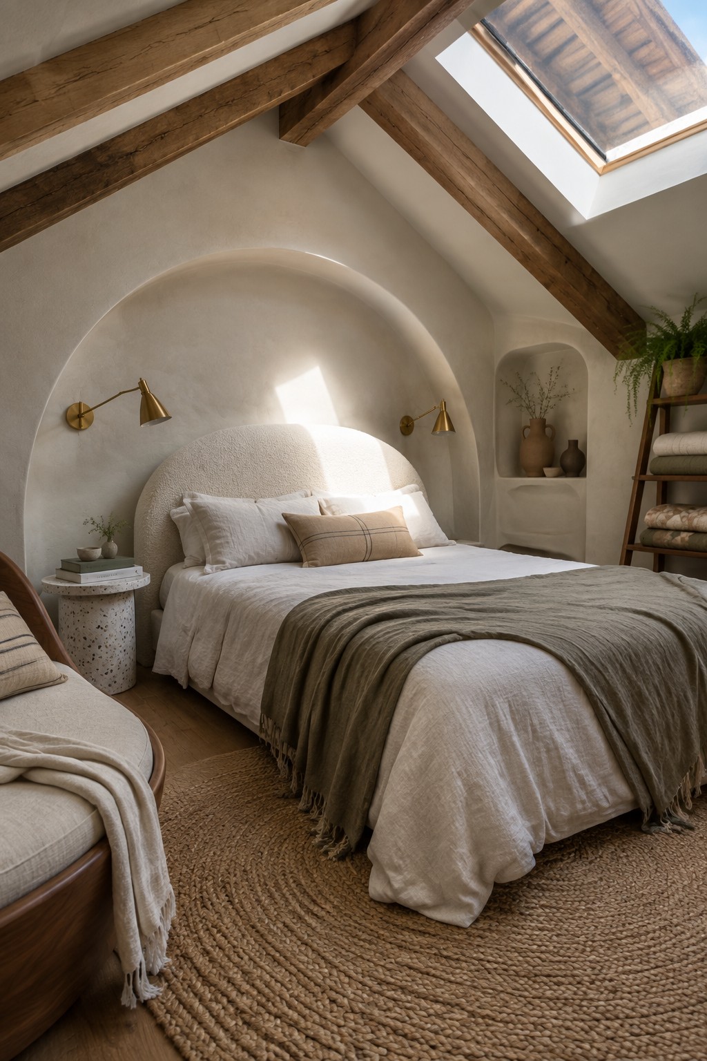 A bedroom featuring a large arched plaster alcove with a rounded upholstered bed, white and beige linens, a green throw, wooden ceiling beams, and a skylight above.