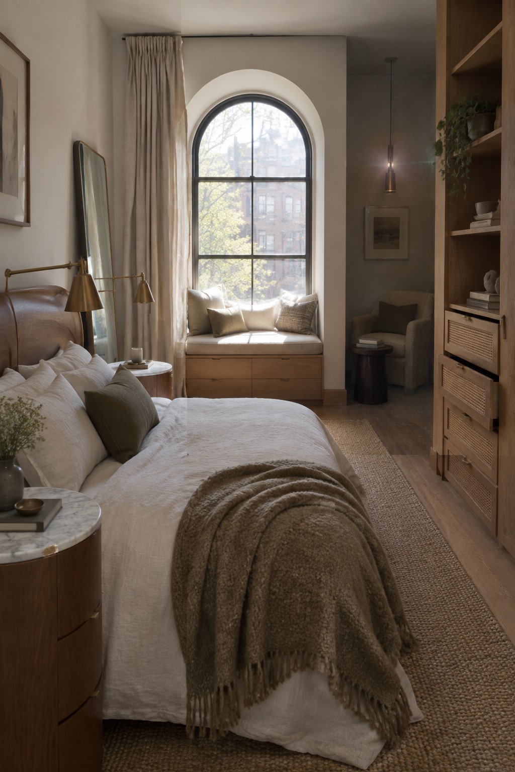 A bedroom with a large bed in white linens and a brown fringed throw, a built-in cushioned seat under an arched window with drawers below, and a tall wooden cabinet with woven fronts on the right.
