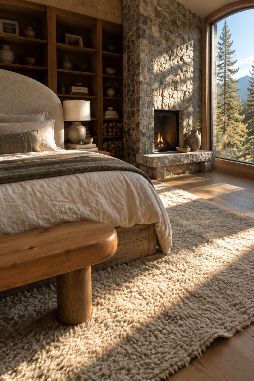 A bedroom featuring a large bed with a curved upholstered headboard, a wooden bench at the foot, a stone fireplace, built-in wood shelves, and a shaggy rug on hardwood flooring next to a large window.