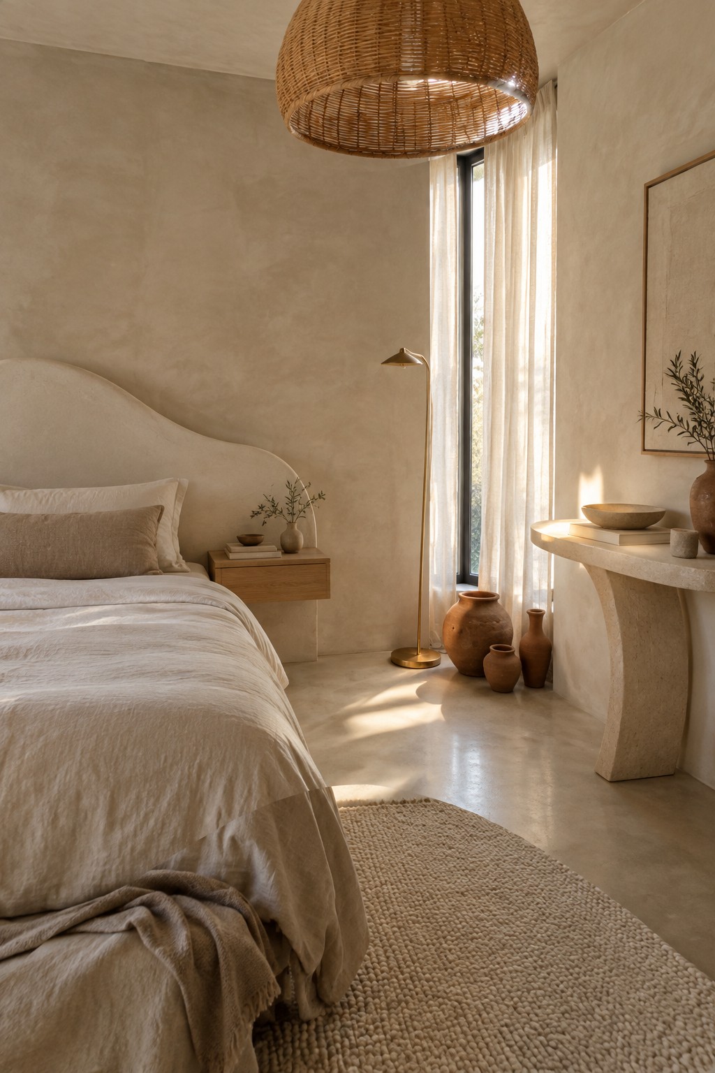 Minimalist beige bedroom with curved bed, woven pendant light, and terracotta vases.
