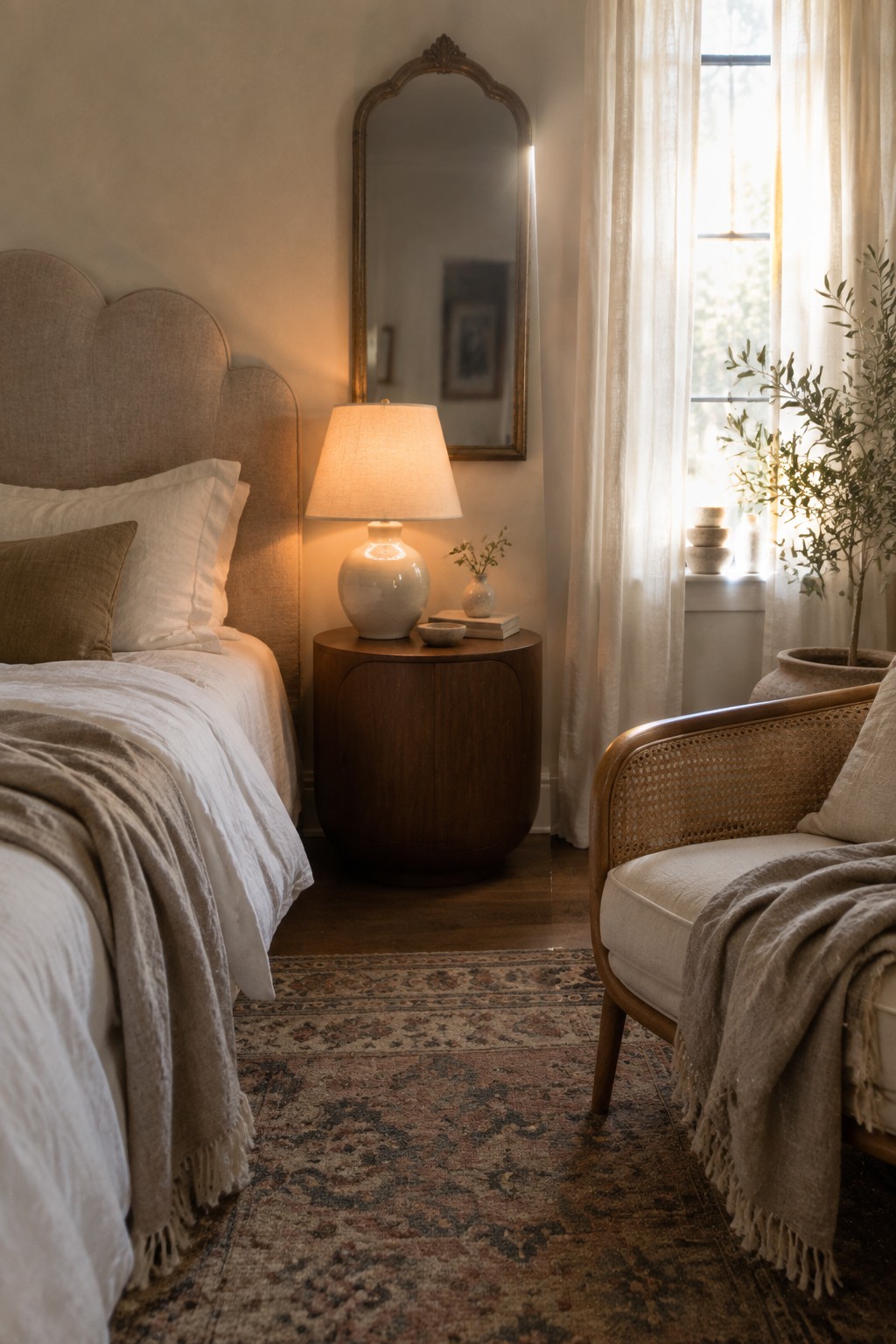 Cozy bedroom with scalloped bed, lit lamp on wooden nightstand, rattan chair, and patterned rug.