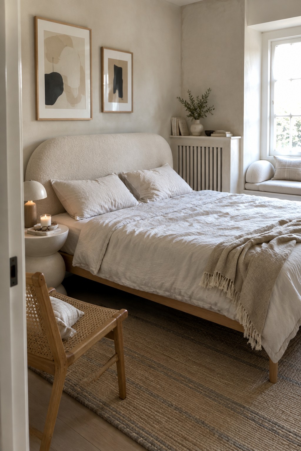 A bedroom with a large curved upholstered headboard in off-white texture, white linen bedding on a wooden bed frame, a round nightstand, a woven chair, and two framed abstract prints on the wall.