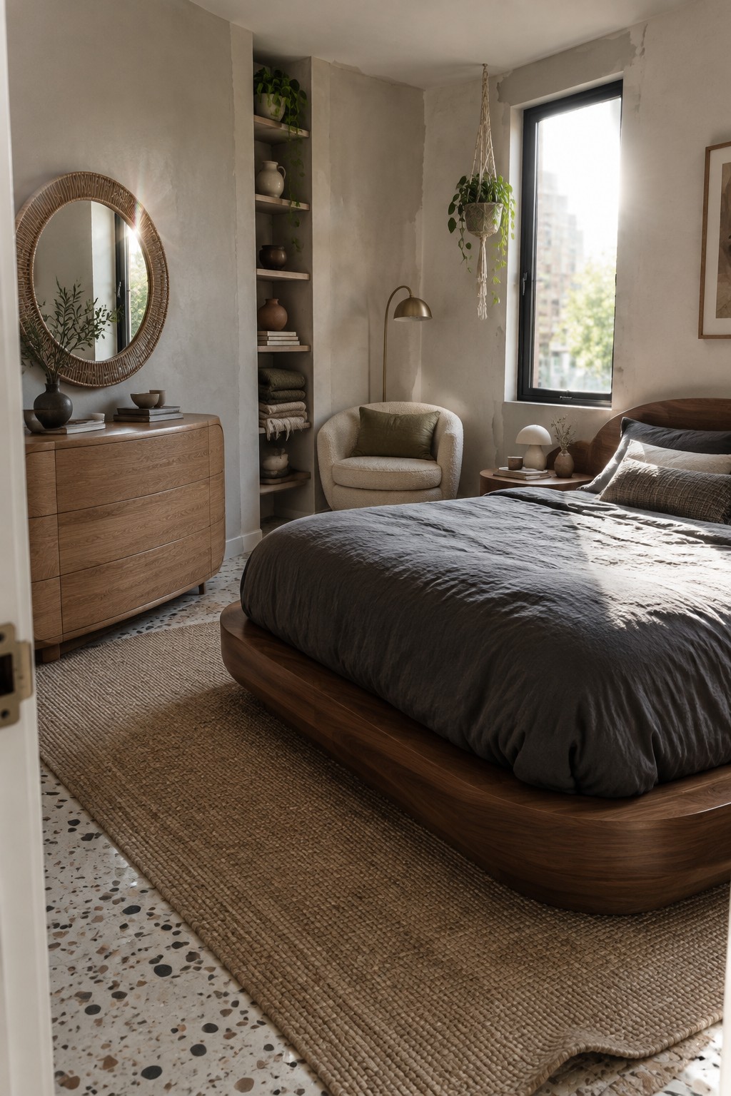 A bedroom featuring a low curved wooden platform bed with dark gray bedding on a large woven rug, next to built-in shelves and a round wall mirror.