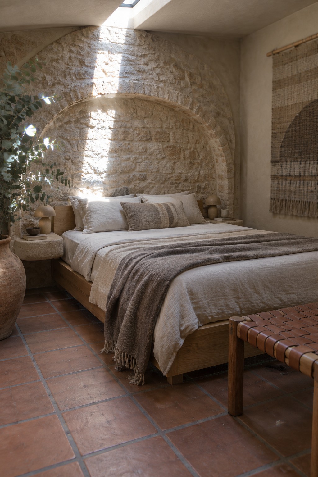 A bedroom featuring a large curved stone arch behind a low wooden bed with neutral linens and a brown throw blanket, terracotta tile flooring, and a large potted plant to the left.