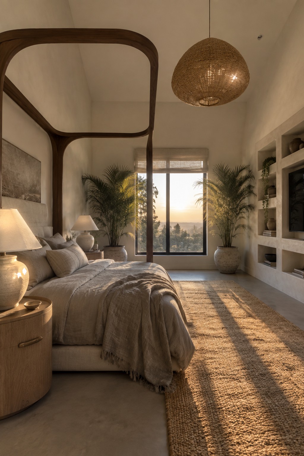 A bedroom with a large curved wooden bed frame, neutral linen bedding, a woven pendant light, and potted plants near a window.