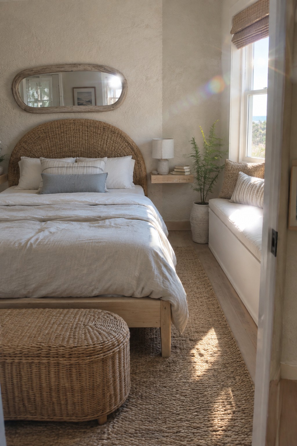 A bedroom featuring a large curved woven headboard on a wooden bed with white linens, a round woven ottoman, a jute rug, and a window seat beside a bright window.