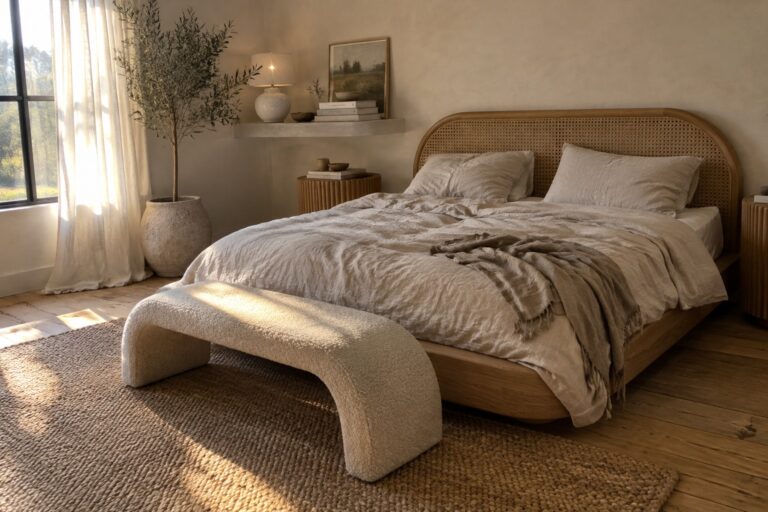 19 Organic Modern Bedroom Ideas Featuring Curved Furniture and Natural Materials A bedroom with a wooden bed frame and rattan headboard, rumpled neutral bedding, a curved upholstered bench on a woven rug, and a large window with sheer curtains.