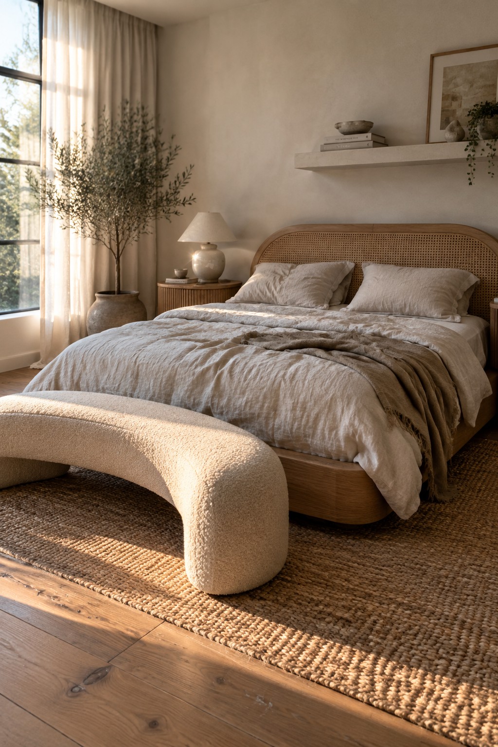 A bedroom with a wooden bed frame and rattan headboard, rumpled neutral bedding, a curved upholstered bench on a woven rug, and a large window with sheer curtains.