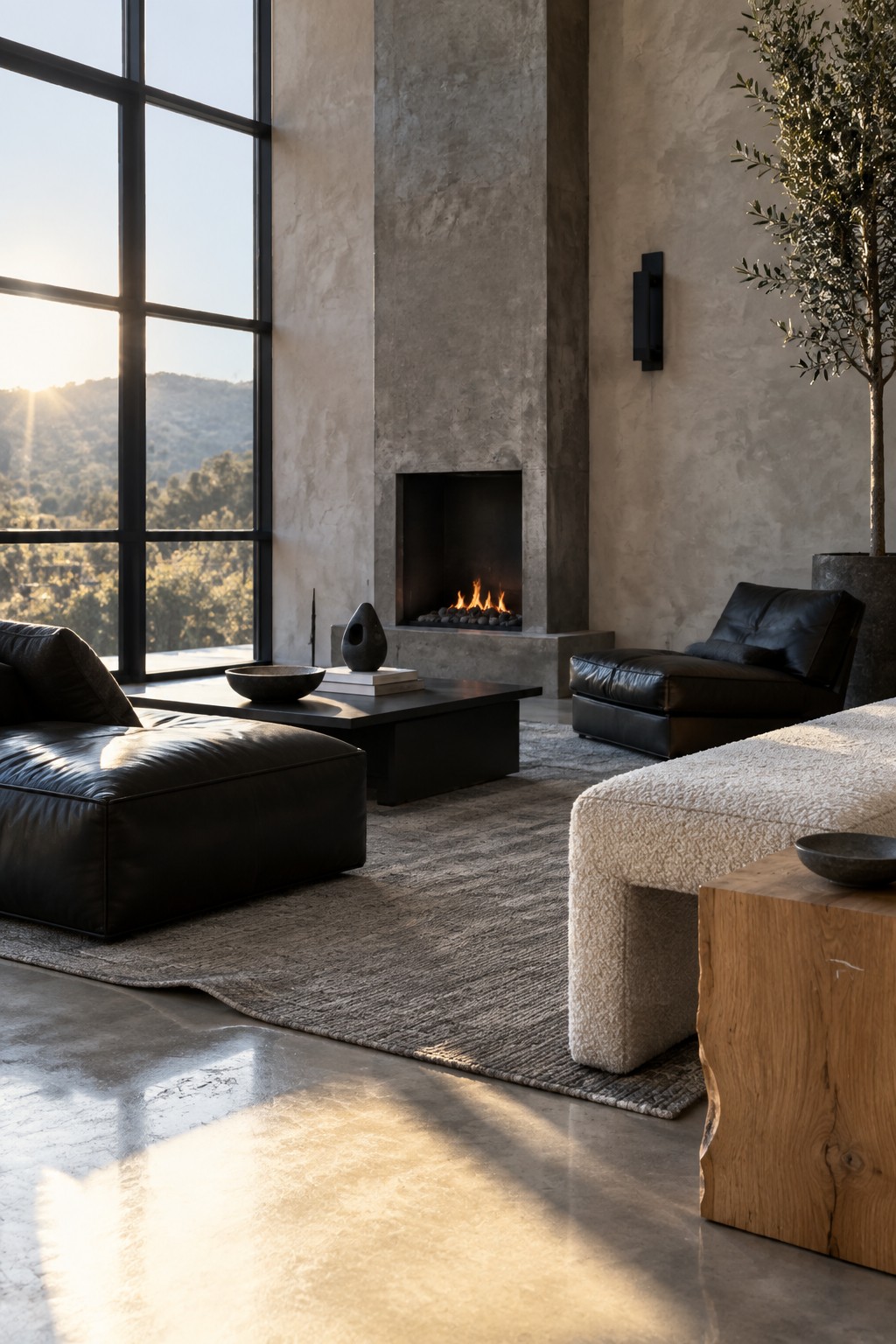 Modern living room with black leather sofa, concrete fireplace, large window, and sunset light.