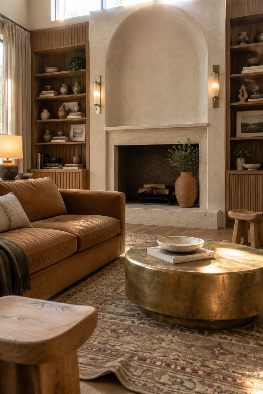 Cozy living room with brown sofa, arched fireplace, brass coffee table, and wooden shelves