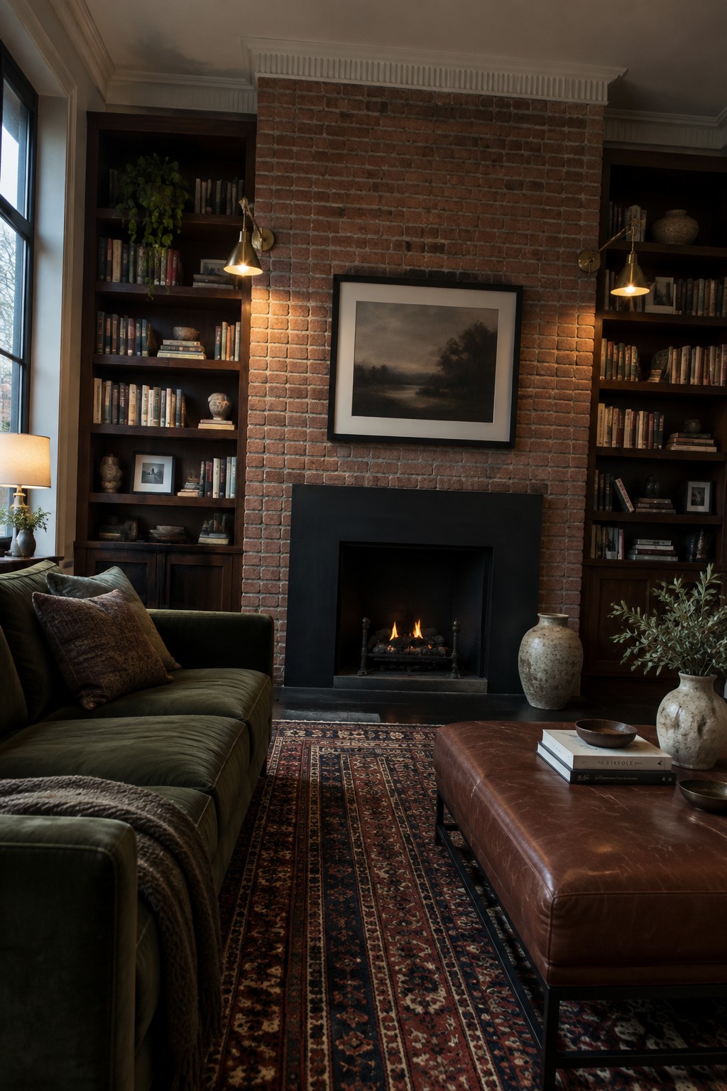 Cozy living room with brick fireplace, built-in bookshelves, green sofa, and leather ottoman