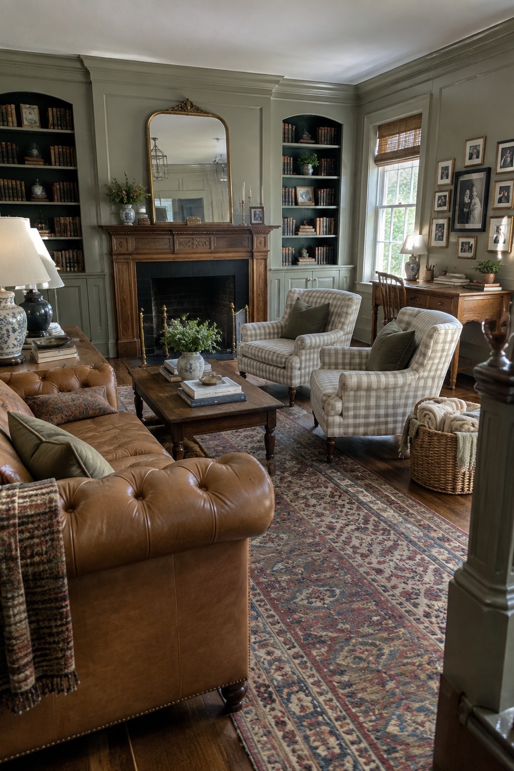 Cozy traditional living room with leather sofa, plaid armchairs, fireplace, bookshelves, and patterned rug.