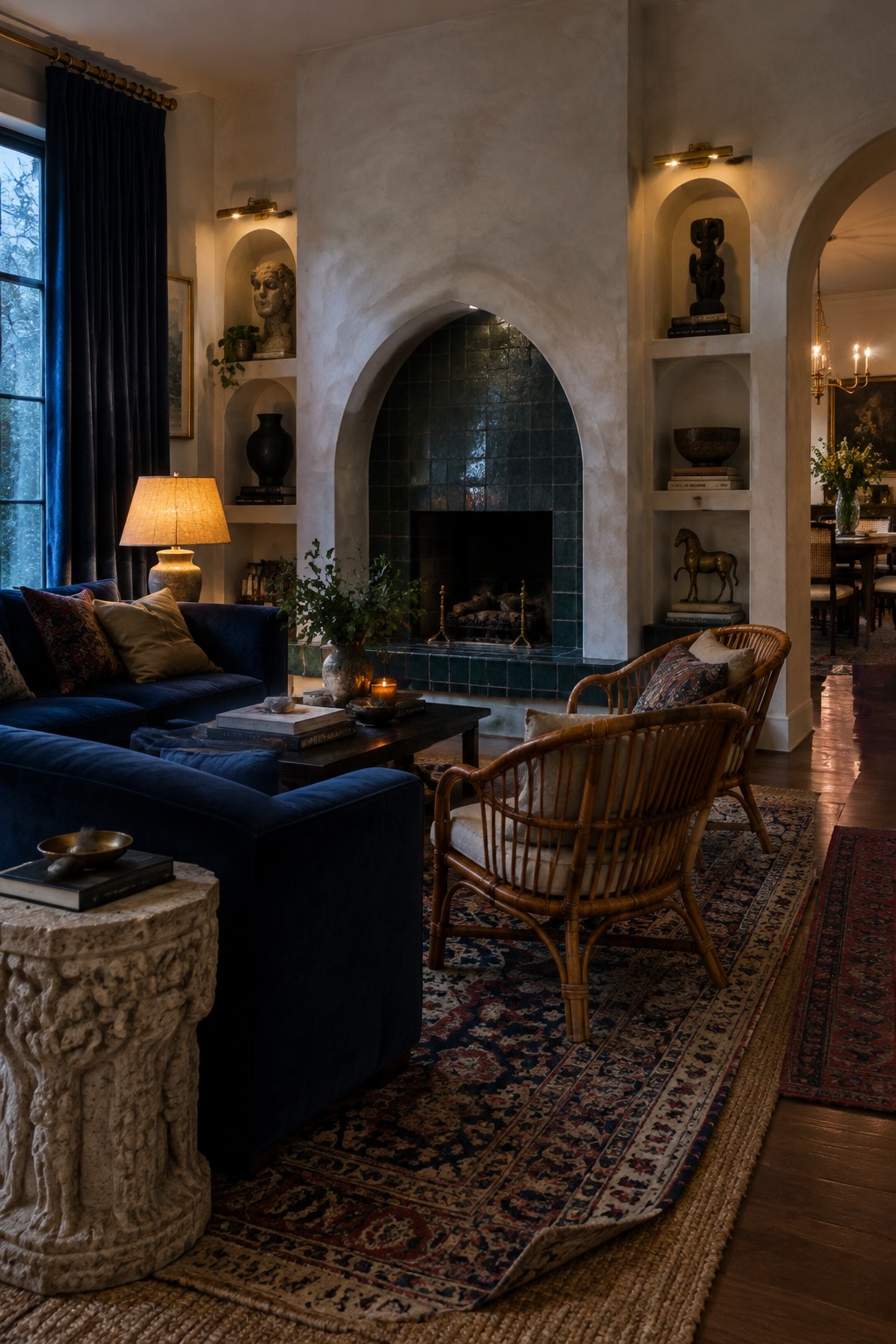 A living room featuring a large arched fireplace with teal tile surround, flanked by matching arched built-in niches holding sculptures and objects, a blue velvet sofa, rattan chairs, and layered rugs.