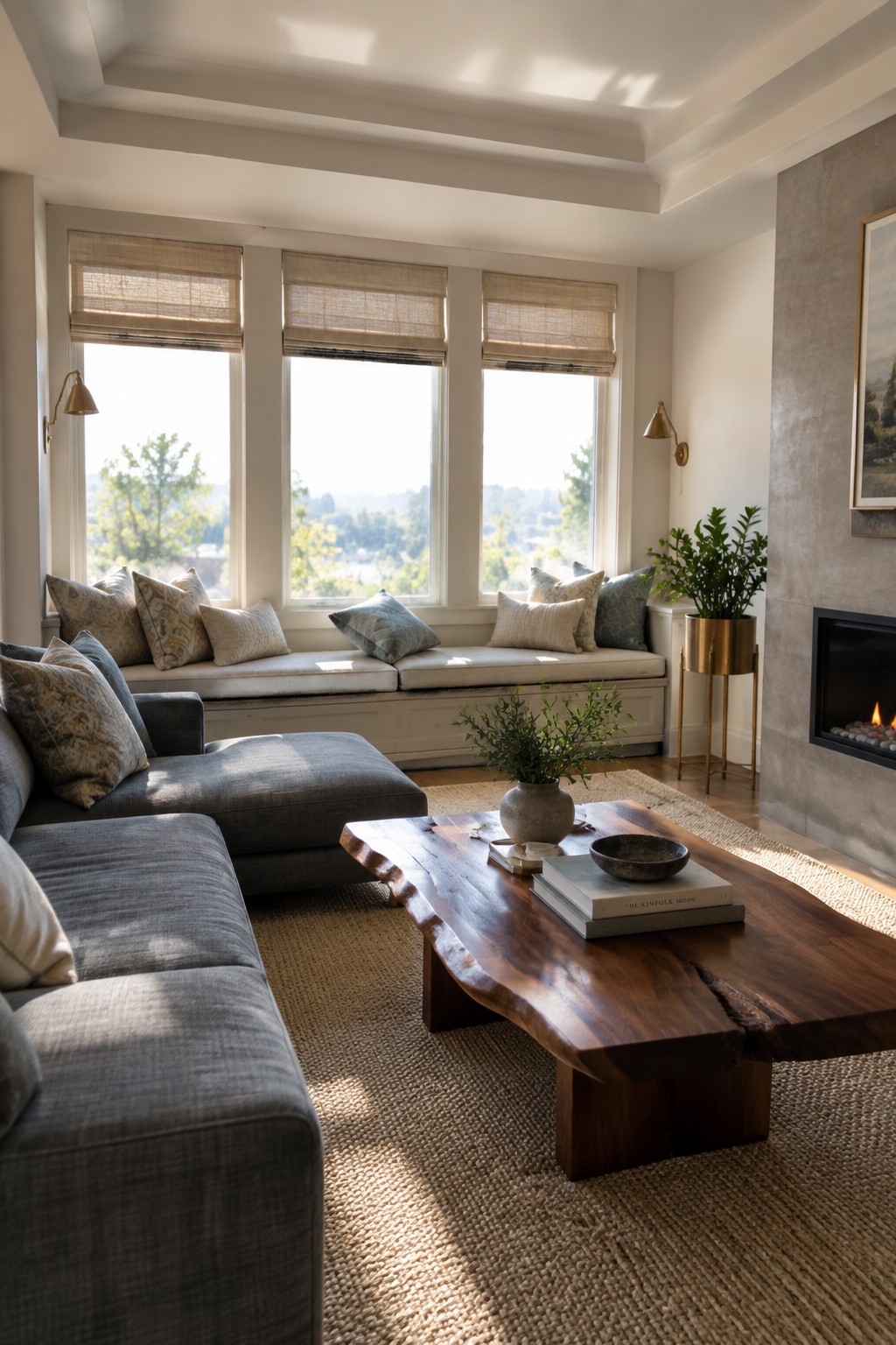 A living room with a gray sectional sofa, live-edge wood coffee table on a woven rug, and a built-in window seat with cushions beneath three large windows beside a stone fireplace.