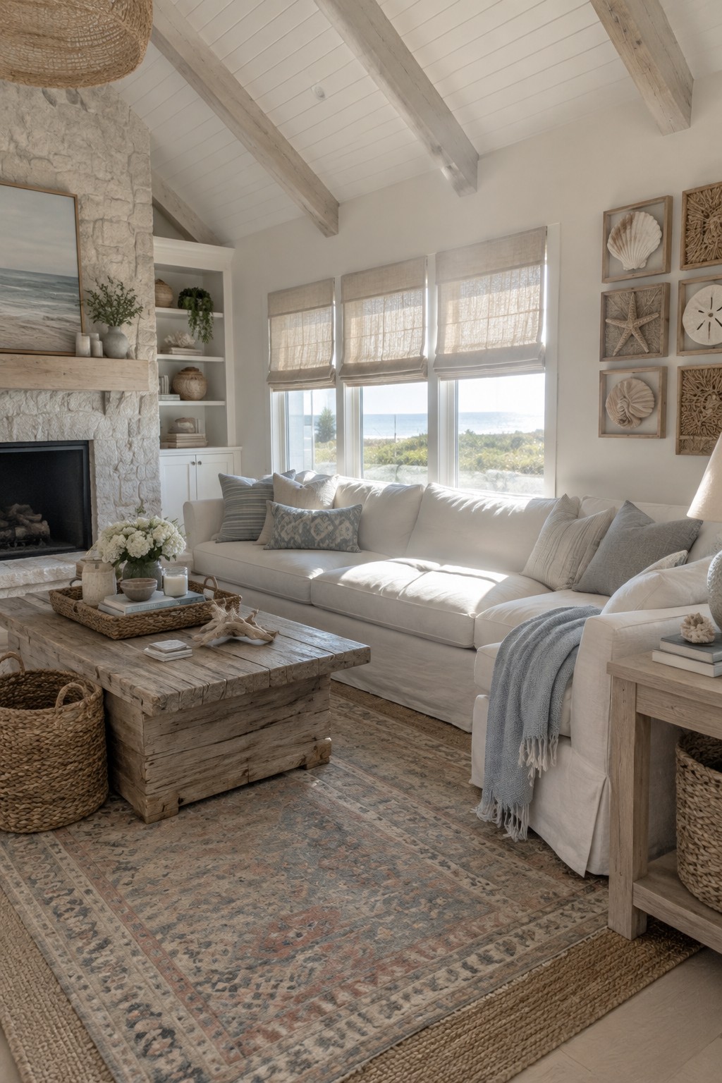 A bright living room interior with a white vaulted ceiling, exposed light wood beams, a large white sectional sofa, a rustic wood coffee table, and a stone fireplace on the left wall.