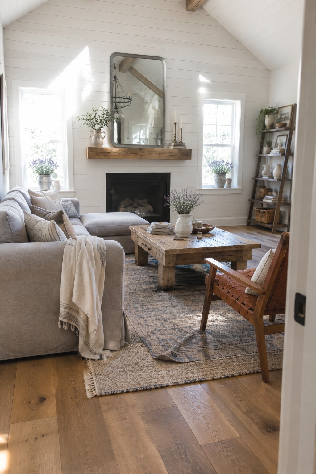 A living room featuring a central fireplace with a wooden mantel and large mirror above it, a gray sectional sofa, a rustic wooden coffee table, and a brown leather chair on layered rugs over hardwood floors.
